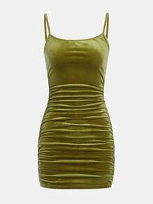 SHEIN Teen Girl Ruched Velvet Cami Dress - Lime Green - View 1