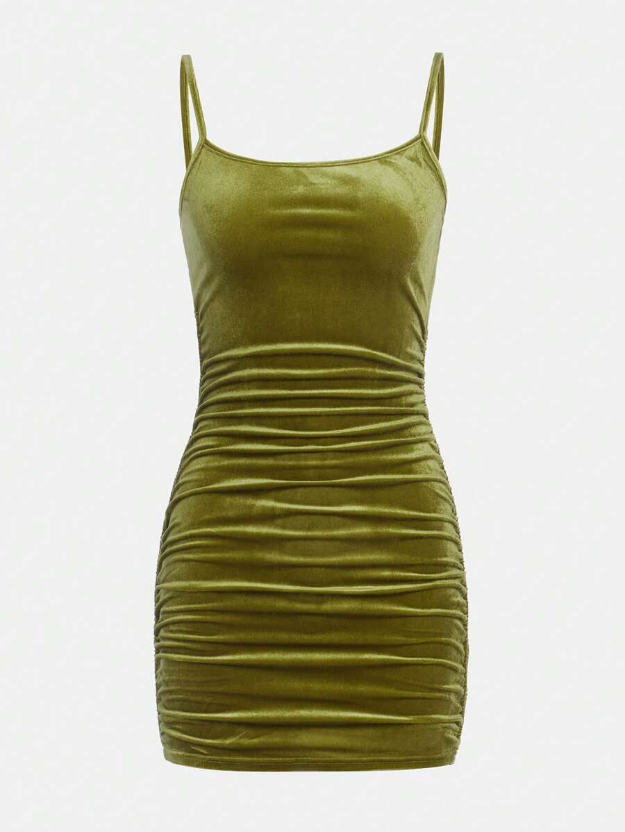 SHEIN Teen Girl Ruched Velvet Cami Dress - Lime Green - View 1