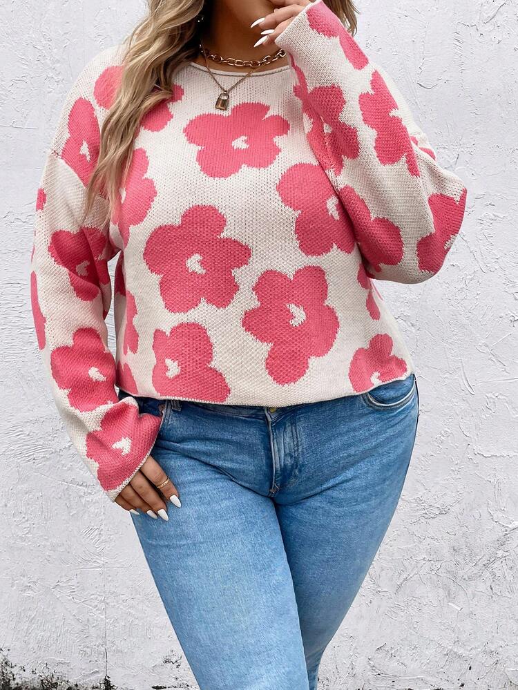 Plus Floral Pattern Drop Shoulder Sweater Knit Pullover Fall Winter Sweater