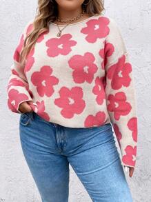 SHEIN Clasi 加大码花卉图案落肩针织套头衫秋冬毛衣 - 彩色 - 查看 4