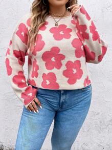 SHEIN Clasi 加大码花卉图案落肩针织套头衫秋冬毛衣 - 彩色 - 查看 6