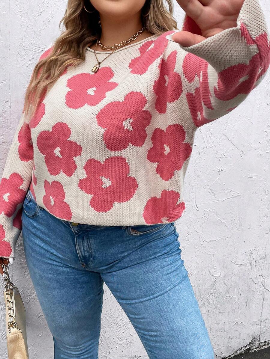 SHEIN Clasi 加大码花卉图案落肩针织套头衫秋冬毛衣 - 彩色 - 查看 1