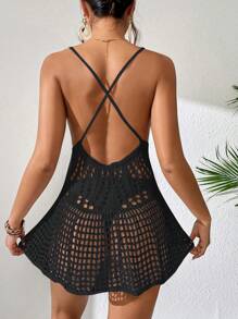 Swim Vcay 鏤空交叉露背罩衫洋裝不附比基尼 - 黑色 - 查看 2