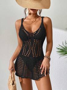 Swim Vcay 鏤空交叉露背罩衫洋裝不附比基尼 - 黑色 - 查看 3