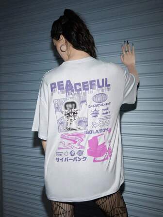 Grunge Punk Camiseta de hombros caídos con estampado de figura y slogan