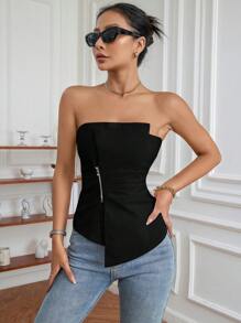 Aveloria 前拉鏈不對稱下擺抹胸上衣 - 黑色 - 查看 3