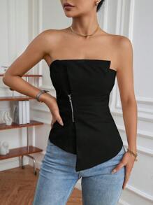 Aveloria 前拉鏈不對稱下擺抹胸上衣 - 黑色 - 查看 6
