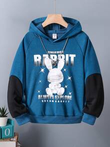 SHEIN Tween Boy Rabbit & Letter Graphic Raglan Sleeve Hooded Colorblock Sweatshirt - Navy Blue - View 7