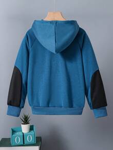 SHEIN Tween Boy Rabbit & Letter Graphic Raglan Sleeve Hooded Colorblock Sweatshirt - Navy Blue - View 2