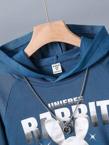 SHEIN Tween Boy Rabbit & Letter Graphic Raglan Sleeve Hooded Colorblock Sweatshirt - Navy Blue - View 3