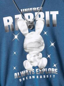 SHEIN Tween Boy Rabbit & Letter Graphic Raglan Sleeve Hooded Colorblock Sweatshirt - Navy Blue - View 4