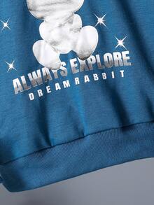 SHEIN Tween Boy Rabbit & Letter Graphic Raglan Sleeve Hooded Colorblock Sweatshirt - Navy Blue - View 6