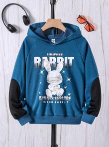 SHEIN Tween Boy Rabbit & Letter Graphic Raglan Sleeve Hooded Colorblock Sweatshirt - Navy Blue - View 1