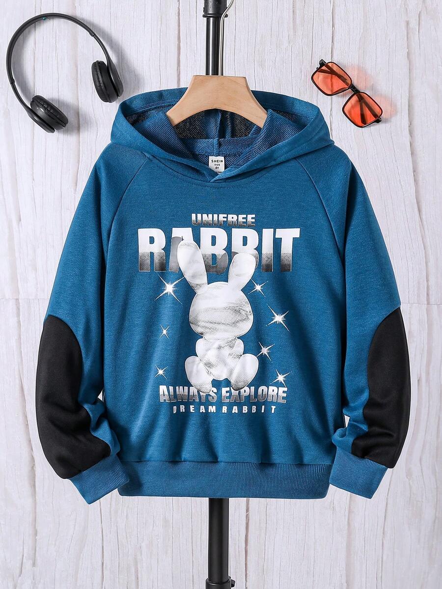 SHEIN Tween Boy Rabbit & Letter Graphic Raglan Sleeve Hooded Colorblock Sweatshirt - Navy Blue - View 1