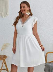 SHEIN VCAY Plus Contrast Lace Ruffle Trim Dress - White - View 3