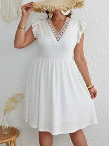 SHEIN VCAY Plus Contrast Lace Ruffle Trim Dress - White - View 2