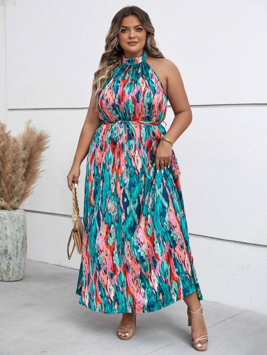 SHEIN Clasi Plus Tie Dye Belted Halter Dress - Multicolor - View 1