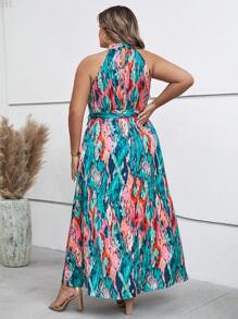 SHEIN Clasi Plus Tie Dye Belted Halter Dress - Multicolor - View 2