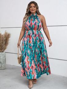 SHEIN Clasi Plus Tie Dye Belted Halter Dress - Multicolor - View 3