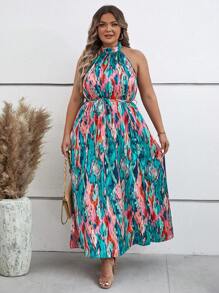 SHEIN Clasi Plus Tie Dye Belted Halter Dress - Multicolor - View 4