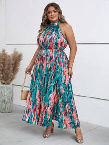 SHEIN Clasi Plus Tie Dye Belted Halter Dress - Multicolor - View 6