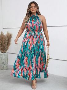 SHEIN Clasi Plus Tie Dye Belted Halter Dress - Multicolor - View 7