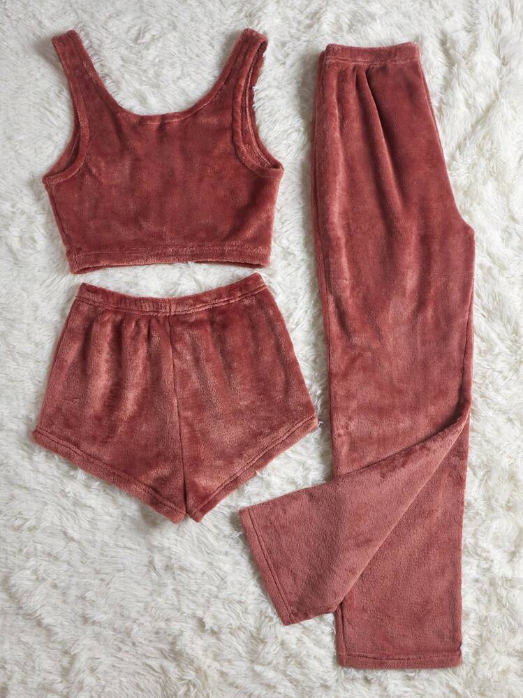 Set homewear Top tank con bordado de corazón de franela & Shorts con pantalones - Color caoba - Añade 2