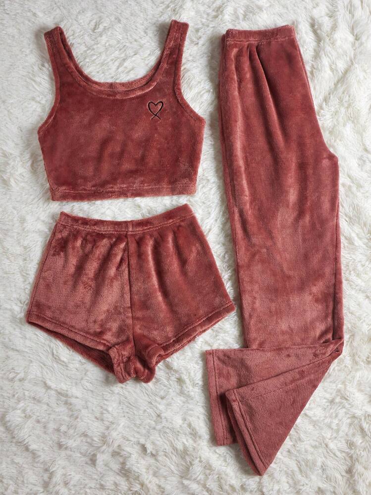 Set homewear Top tank con bordado de corazón de franela & Shorts con pantalones - Color caoba - Añade 4