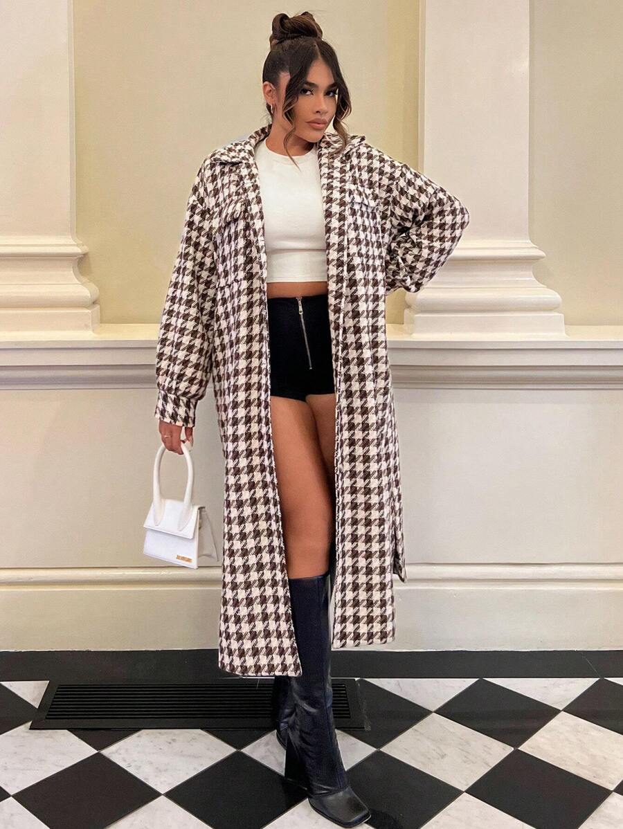 SHEIN SXY Houndstooth Print Drop Shoulder Longline Overcoat - Multicolor - View 1