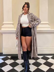 SHEIN SXY Houndstooth Print Drop Shoulder Longline Overcoat - Multicolor - View 3