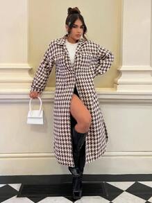 SHEIN SXY Houndstooth Print Drop Shoulder Longline Overcoat - Multicolor - View 4