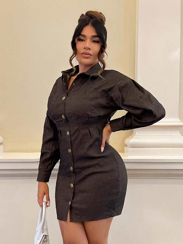 Drop Shoulder Button Front Shirt Dress