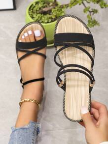 Women's Flat Sandals With Braided Elastic Band, Casual Roman Style Beach Slippers - Black - View 5