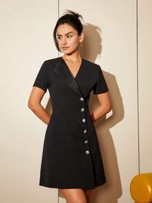Vestido con botón delantero con diseño cruzado - Negro - Ver 3