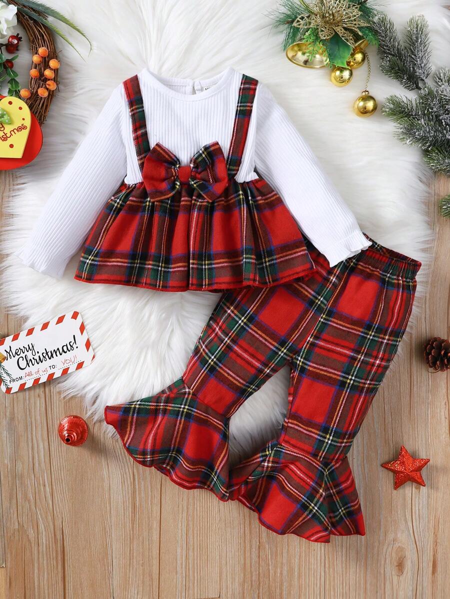SHEIN 嬰兒蘇格蘭格紋前蝴蝶結荷葉袖假兩件上衣和喇叭褲