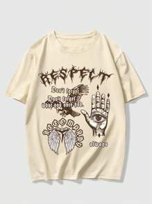 ROMWE MEN Academia Hombres Camiseta de hombros caídos mano con estampado de slogan - Caqui - Ver 1