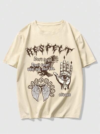 ROMWE MEN Academia Hombres Camiseta de hombros caídos mano con estampado de slogan