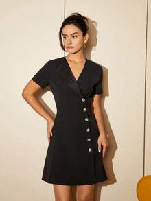 Vestido con botón delantero con diseño cruzado - Negro - Ver 4