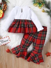 SHEIN 嬰兒蘇格蘭格紋前蝴蝶結荷葉袖假兩件上衣和喇叭褲