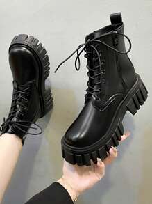 Ladies' Fashionable Punk Style Belt Design Side Zipper Motorcycle Boots - Black - View 1