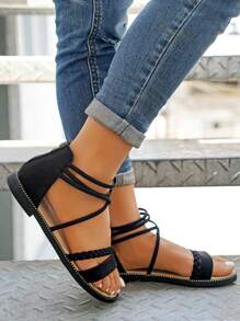 Sandalias planas con tira cruzada con diseño trenzado - Negro - Ver 5