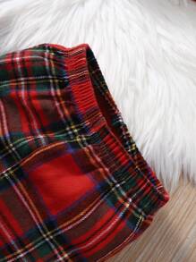 SHEIN 嬰兒蘇格蘭格紋前蝴蝶結荷葉袖假兩件上衣和喇叭褲