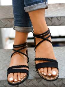 Sandalias planas con tira cruzada con diseño trenzado - Negro - Ver 6