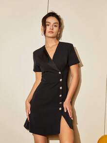 Vestido con botón delantero con diseño cruzado - Negro - Ver 7