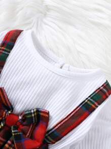 SHEIN 嬰兒蘇格蘭格紋前蝴蝶結荷葉袖假兩件上衣和喇叭褲