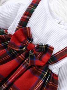 SHEIN 嬰兒蘇格蘭格紋前蝴蝶結荷葉袖假兩件上衣和喇叭褲