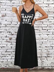 SHEIN LUNE Đồ họa Khẩu hiệu Váy Dây - màu đen - Xem 1