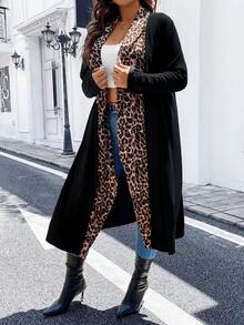 大碼豹紋印花開門襟外套 - 黑色 - 查看 4