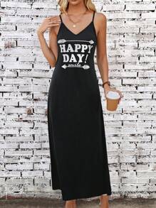 SHEIN LUNE Đồ họa Khẩu hiệu Váy Dây - màu đen - Xem 3