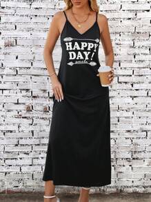 SHEIN LUNE Đồ họa Khẩu hiệu Váy Dây - màu đen - Xem 4